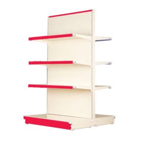 Gondole double face modulable en acier époxy, 4 tablettes par face, hauteurs 221 cm, profondeurs 30 cm, 40 cm ou 50 cm