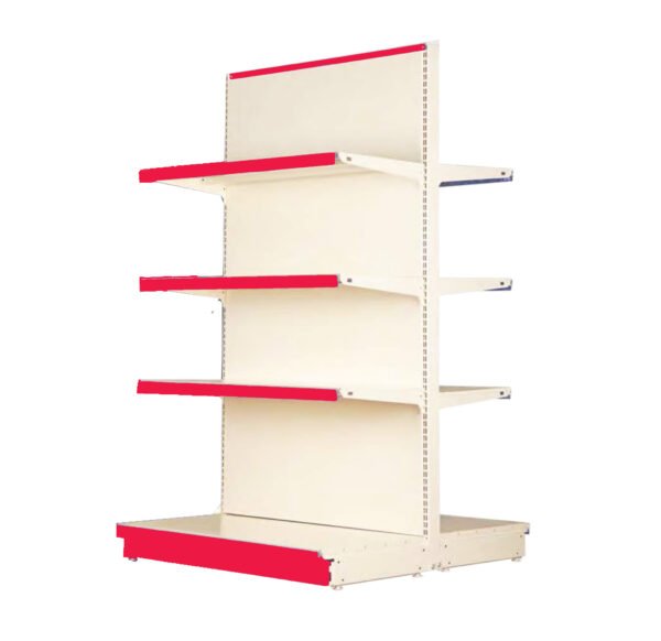 Gondole double face modulable en acier époxy, 4 tablettes par face, hauteurs 221 cm, profondeurs 30 cm, 40 cm ou 50 cm