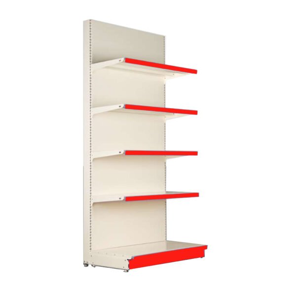 Gondole murale acier époxy avec 4 étagères et base, profondeurs 30, 40 et 50 cm, hauteur 221 cm