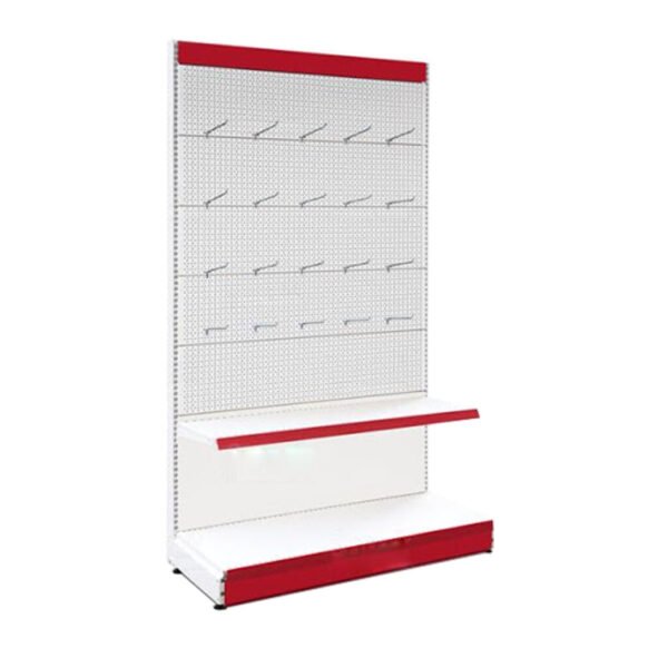 Gondole perforée acier époxy hauteur 221 cm avec crochets modulables sur fond perforé